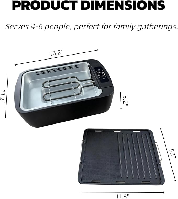 Indoor Smokeless Grill & Griddle, 1100W Electric Gill for BBQ, Smoke Extraction Device, 6-Speed Temperature Control, Non-Stick ‎Grill Plate with Oil Drain Holes, Dishwasher Safe, 5-Serving