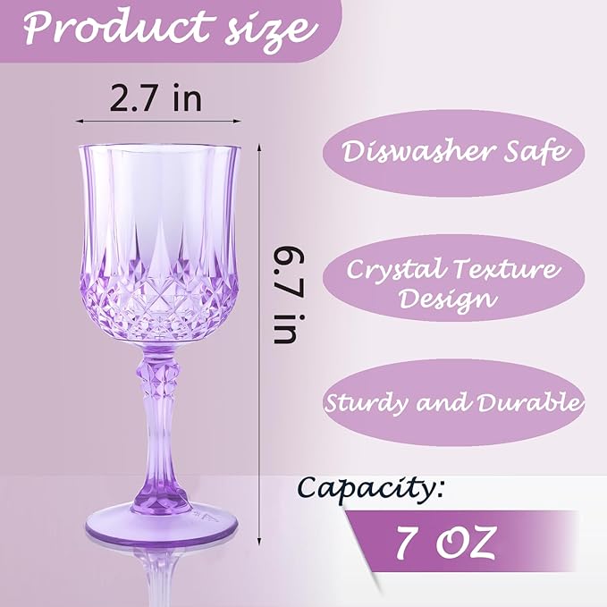 Plastic Wine Glasses, Plastic Goblets Vintage Style Cordial Unbreakable Drinking Glasses, Reusable Drinkware for Wedding Reception, Grand Event Party Supplies (48, Purple)