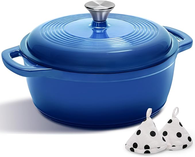 Cast Iron Dutch Oven Pot With Lid - AIVIKI 5QT Enameled Dutch Oven for Bread Baking With Cotton Potholders - Heavy- Duty Cookware Across All Cooktops, Wedding Registry Ideas & Gifts, Blue