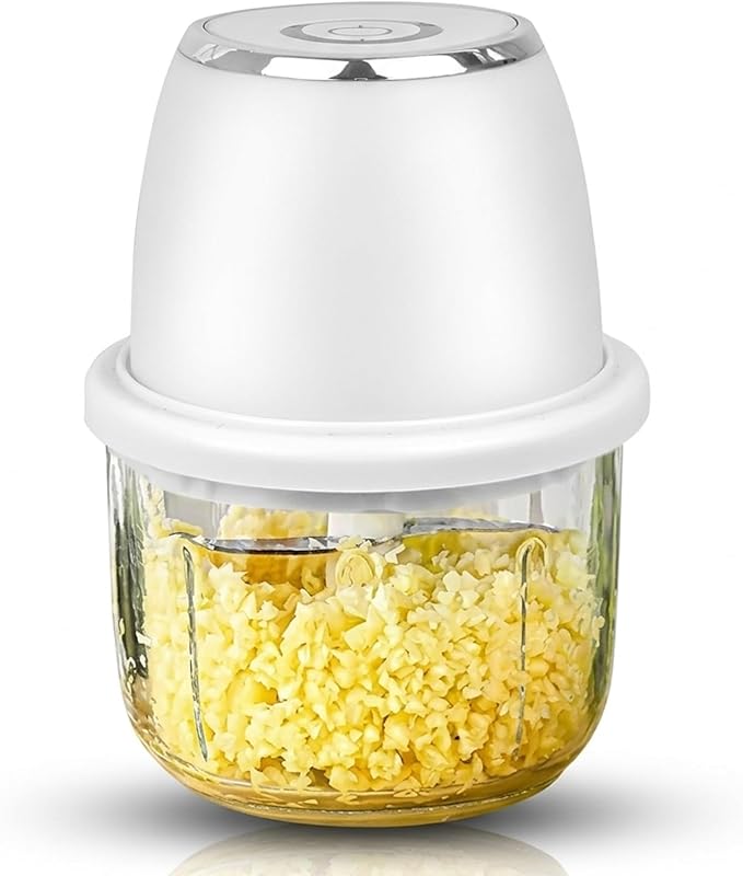 Electric Garlic Chopper, 350ml Mini Food Chopper with 6 Stainless Steel Blades & Thickened Glass, Cordless Food Processor for Garlic Ginger Herbs, White