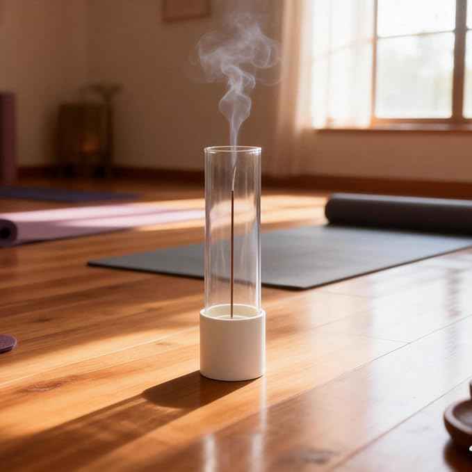 CEREMONY Incense Holder, Ceramic Incense Holder for Sticks with Glass Ash Catcher, Anti-ash Incense Burner with 20 Incense Sticks and a Ash Brush for Meditation Yoga Spa Room Decor (White)