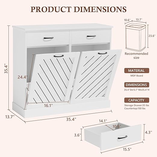 Double Tilt-Out Trash Can Cabinet, 2x13 Gallons Hidden Garbage, Hidden Kitchen Trash Cabinet with Storage Drawer, Pet-Proof Wooden Garbage & Recycling Cabinet for Kitchen, Laundry & Living Room, White