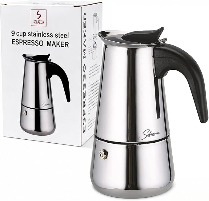 Espresso Maker 9 Cup Moka Pot Stainless Steel Percolator coffee pot, Compatible with Gas, Electric, Ceramic, and Induction stovetops(15 fl oz/450 ml)