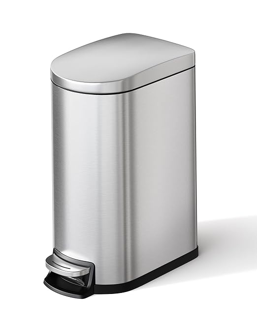 GarveeHome 2.6 Gallon Bathroom Trash Can, Space-Saving Slim Stainless Steel Step-On Garbage Bin with Soft Close Lid, Removable Inner Bucket for Bathroom & Bedroom, Silver