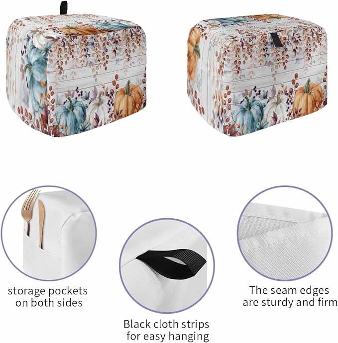 Orange Blue Pumpkins Fall Toaster Cover 2 Slice, Thanksgiving Eucalyptus Dustproof Bakeware Oven Protector with Top Hook, Gray Wooden Waterproof Small Kitchen Appliance Toasters Dust Cover, 11"x6"x8"