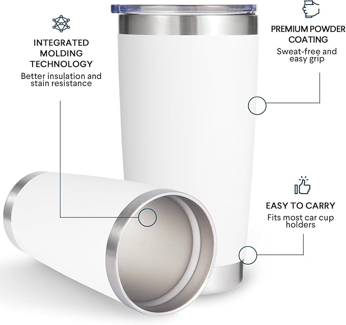 Volhoply 20oz Stainless Steel Tumbler with Lid and Straw Bulk 12 Pack,Double Wall Insulated Travel Iced Coffee Mug Fits Cup Holder,Powder Coated Cups for Hot/Cold Drinks,Christmas Gifts（White,12 Set）