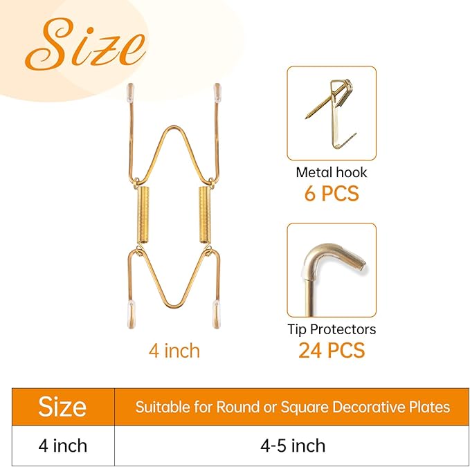 Bilillo 6 Pieces Invisible Heavy Duty Plate Holder, Stainless Steel Plate Hangers for The Wall, Plate Hangers for Display with Wall Hooks, Suitable for 4-5 inch Decorative Plates and Arts (Gold)