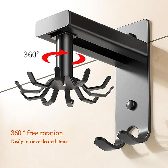 Kitchen Utensils Holder Practical Rotary Tool Hook Holder Wall Mounted Cooking Utensil Rack 10 Rotatable 2 Heavy Duty Hooks Self Adhesive (Black)