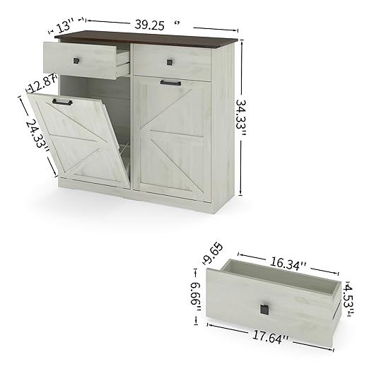 20 Gallon Double Tilt-Out Trash Can Cabinet,Wood Hidden Garbage Can Cabinet – Free Standing Recycling Cabinet Pet Proof Trash Can Holder with 2 Drawer for Kitchen Bathroom, Living Room,White