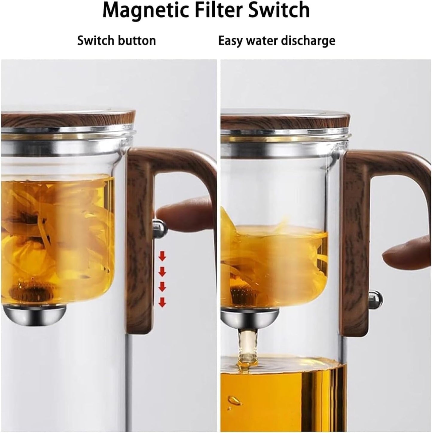 Enchanti Magic Tea Pot, 720ML Water Separation Glass Teapot with Wooden Handle, Press Control Enchanti Tea Infuser with Strainer for Loose Tea Witchcraft Tea Kettle