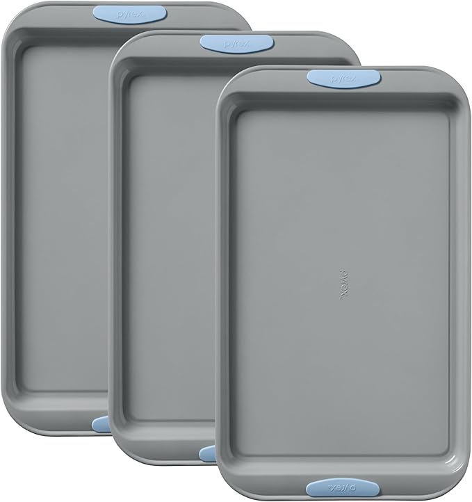 Pyrex (3-Piece) Metal Cookie Sheet Bakeware Set, Lightweight Stainless Steel Baking Trays with Heatsafe Silicone Handles, Cookie Sheet Baking Pan, Cerulean