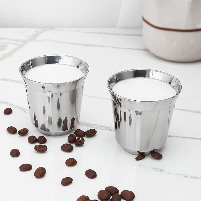 Easyworkz Stainless Steel Espresso Cup 2pcs Set Double Wall 2.5 oz, Bundled Espresso Steaming Pitcher Stainless Steel 15 oz Coffee Frothing Picther Milk Jug Cappuccino Latte Art Cup