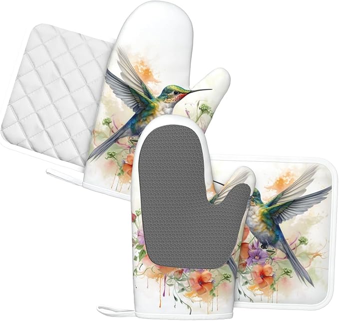 Oven Mitts and Pot Holders Watercolor Hummingbird Flower Silicone Kitchen Accessories Set of 4 Heat Resistant Long Gloves Potholder Non-Slip Grip for Chef Cooking Baking Grilling BBQ