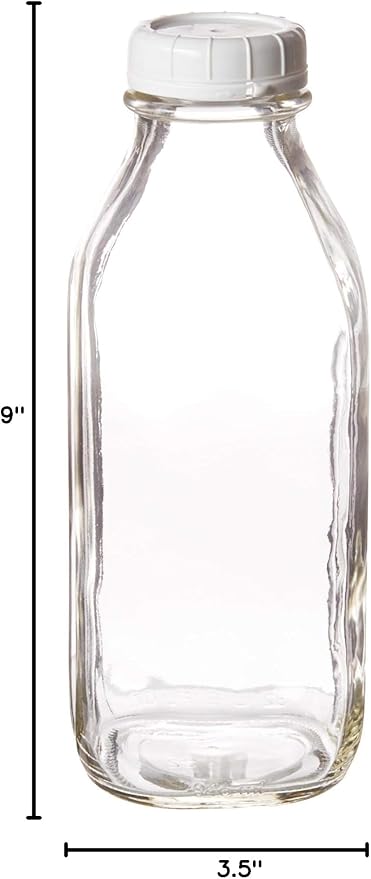 The Dairy Shoppe Heavy Glass Milk Bottle - Jug with Lid and a Silicone Pour Spout - Clear Milk Container for Fridge - Reusable Glass Milk Jug Dispenser - Made in USA (33.8 oz, 1 Pack)