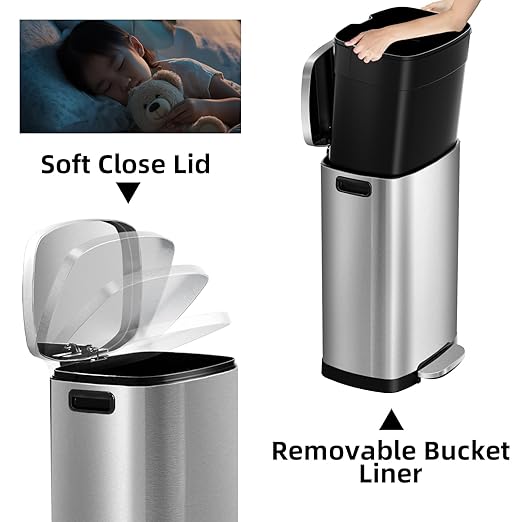 KdbK 13 Gallon Trash Can with Lid, 50L Fingerprint Proof Stainless Steel Kitchen Trash Can with Removable Inner Bucket and Lid Soft Close, Pedal Rubbish Bin for Home Office