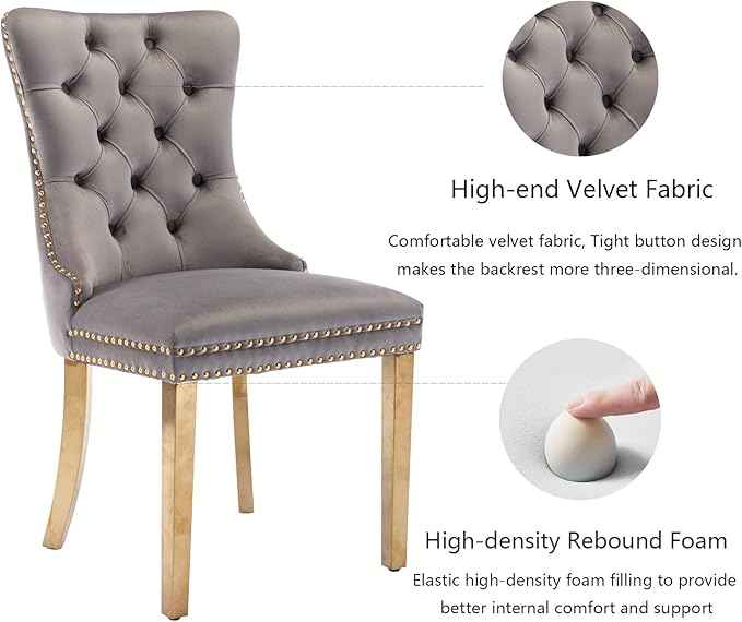 Grey Velvet Dining Chairs Set of 2, Upholstered Dining Room Chairs with Back Ring Pull Trim and Golden Stainless Steel Legs,Modern Kitchen Chairs for Dining Room,Living Room,Kitchen(Grey)