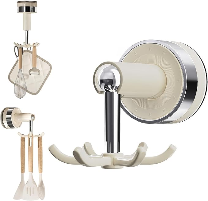 MFMYEE Kitchen Suction Cup Hook, 360 Degree Rotating Storage with Multiple Claws, Punch-Free Organizer, Shower Suction Cup with 6 Hooks (White)