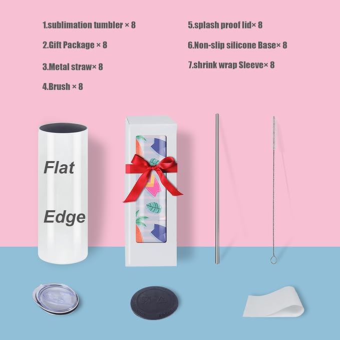 8 Pack 20oz Sublimation Tumblers Bulk, Flat Edge Sublimation Tumbler Blank, Skinny Straight Stainless Steel Blanks Cups with Individual Box (8, 20OZ FLAT EDGE)