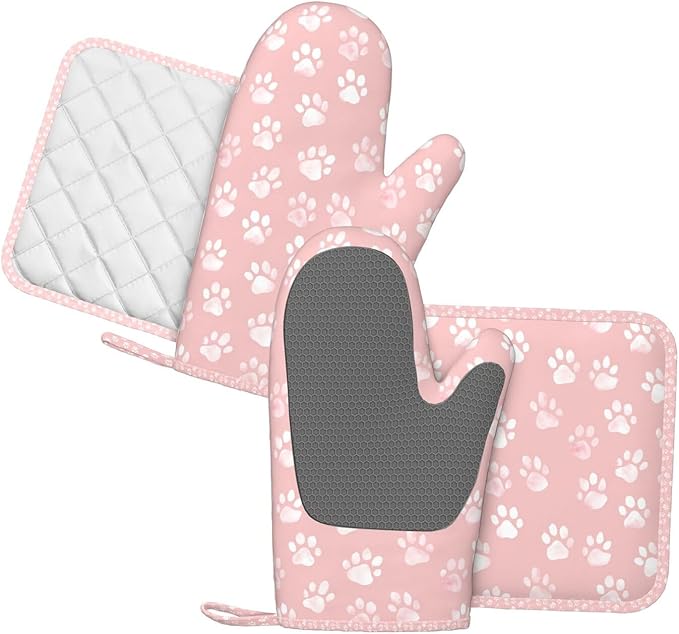 Oven Mitts and Pot Holders Pastel Pink Dog Paw Pattern Silicone Kitchen Accessories Set of 4 Heat Resistant Long Gloves Potholder Non-Slip Grip for Chef Baking Cooking Grilling BBQ