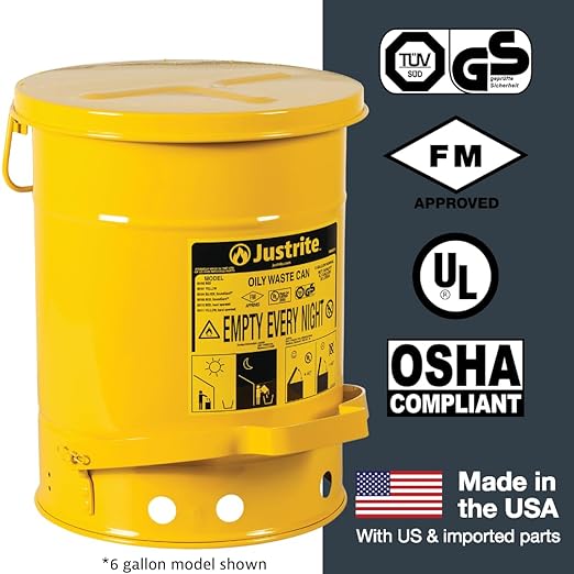 Justrite 14 Gallon Galvanized Steel Oily Waste Can, 20" x 16" Metal Oil Rag Safety Can with Foot Operated Self-Closing Lid for Oil Rag Disposal, Made in The USA, Yellow, 09501