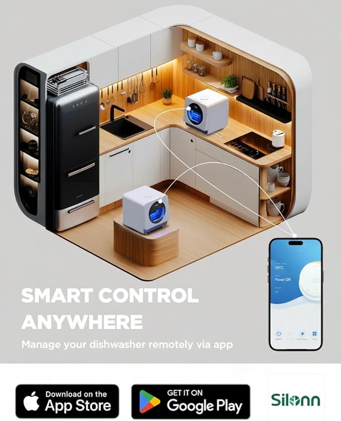 Silonn Portable Countertop Dishwasher | Triple-Jet Cleaning, Smart App Control, Built-In Water Tank & Dual Supply | Compact Design for Dorm, Apartment, RV