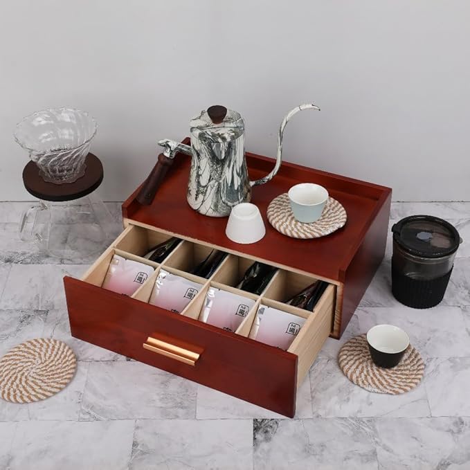 Tea Organizers and Storage Box Tea Station Organizer for Countertop with 4 Cotton Woven Coasters Pine Wood Tea Bag Organizer Drawer Teabag Holder with 8 Compartments（Brown01）