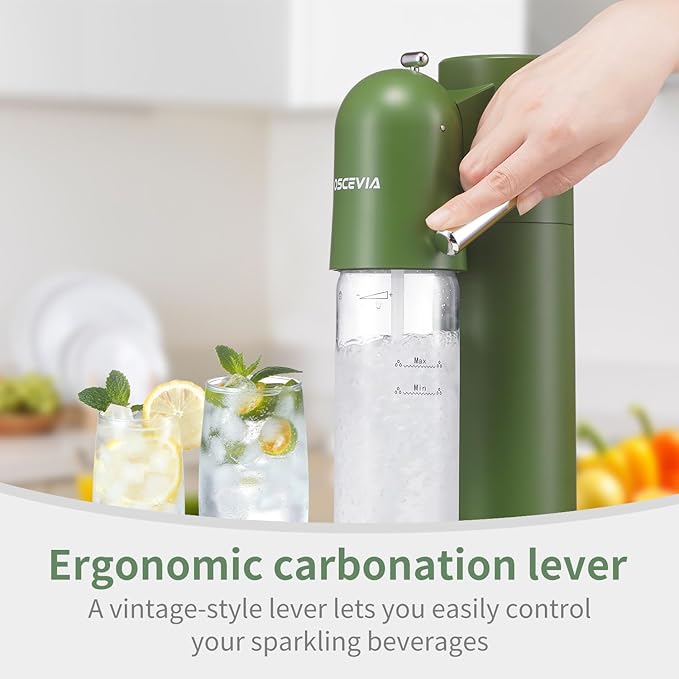 Sparkling Water Maker | Soda Beverage Machine | Soda Streaming Seltzer & Carbonator | 1L+0.5L BPA Free Bottles | Compatible Srew-in 60L CO2 (NOT Included) | Green