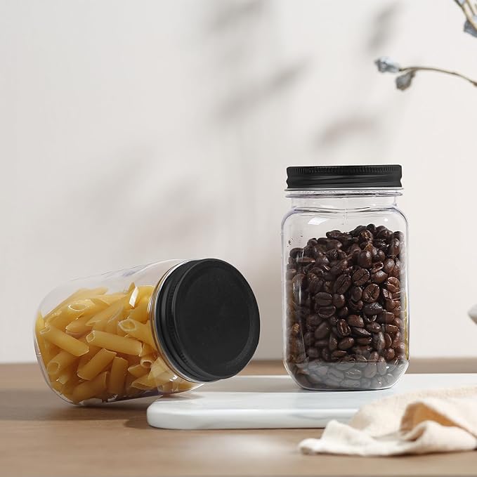 novelinks 16 oz Clear Plastic Jars with Lids, Refillable 16oz Mason Jars with Lids & Storage Containers for Kitchen & Household Use (5 Pack,Black)