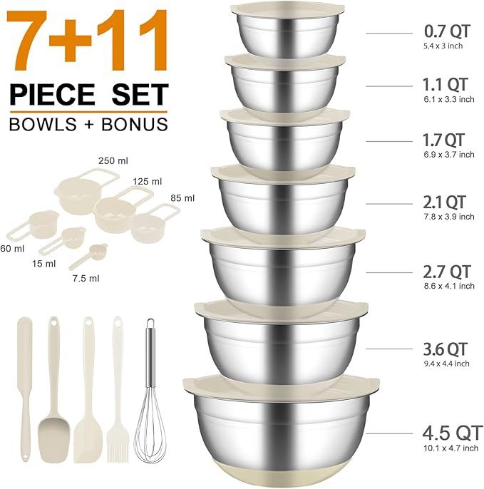 CHAREADA Mixing Bowls with Airtight Lids, 18pcs Stainless Steel Nesting Colorful Mixing Bowls Set Non-slip Silicone Bottom, Size 4.5, 3.6, 2.7, 2.1, 1.7, 1.1, 0.7 qt, Fit for Mixing & Serving (Khaki)