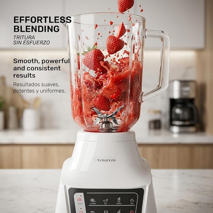 Taurus Potenza Comfort Blender, 1050W, 1.5L Glass Jar, Up to 50% Less Noise, Stainless Steel Blades, 9 Speed Settings, Quiet Powerful Blender for Smoothies, Ice, and Frozen Drinks