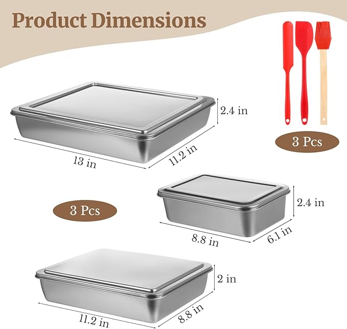 3 Pcs Stainless Steel Cake Pan with Lid, 13/11/9 Inch Cake Pans Sets for Baking, Non-Stick Bread Loaf Pans, Rectangle Baking Bakeware for Bread, Cake, Meat, Vegetables