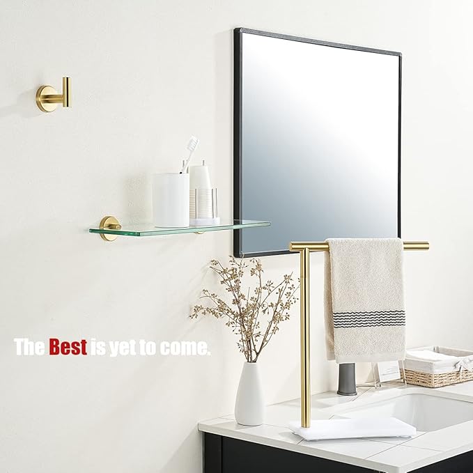 JQK Bathroom Glass Shelf Gold, Tempered Glass Shower Storage 14 by 5 inches, 304 Stainless Steel Brushed Gold Wall Mount, TGS101L14-BG