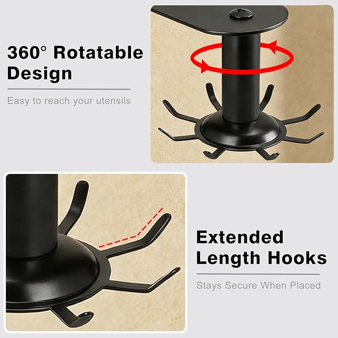 Kitchen Utensil Hanger, Metal Steel Utensil Hooks 360° Rotatable Utensil Rack Wall Mounted with 10 Hooks for Cabinet Kitchen Bathroom