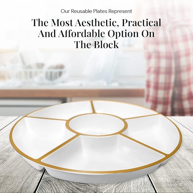 R-kay 4 Pack, 6 Sectional White Plastic Serving Trays For Party With Gold Rim - Heavy Duty Gold Party Trays For Serving Food - 12 Inch Platters