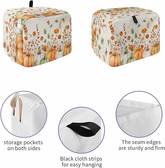 Orange White Pumpkins Fall Toaster Cover 2 Slice, Thanksgiving Botanical Leaves Dustproof Bakeware Oven Protector with Top Hook, Retro Waterproof Small Kitchen Appliance Toasters Dust Cover, 11"x6"x8"