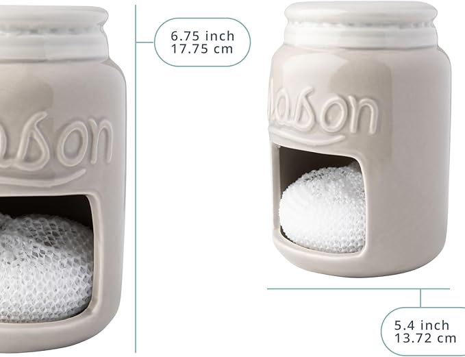 Comfify Ceramic Kitchen Sponge Holder - Farmhouse Style Sink Caddy - Mason Jar Decorative Kitchen Accessory - Country Rustic Sink Decor - Includes Free Sponge - Grey