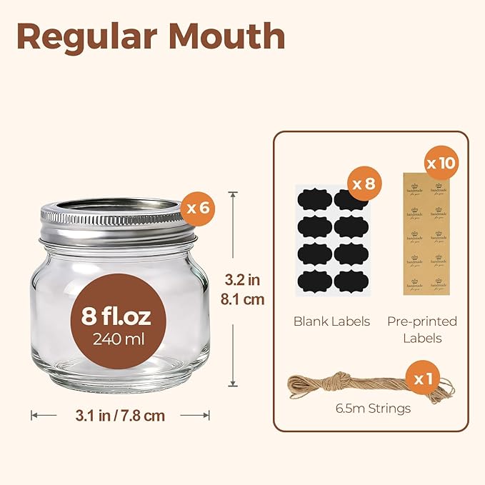 ComSaf 8 oz Regular Mouth Mason Jars,6Pcs Glass Jars for Home Cooks Making Jam and Jelly, and Crafters Creating DIY Candles and Party Favors, Canning Jar with Lids and Rings，Includes Labels & Twine