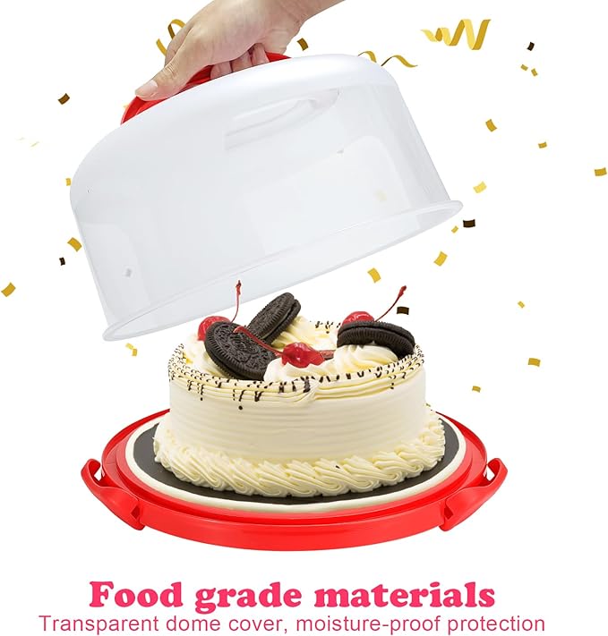 Cake Carrier with Lid and Handle, Fit 10’’ Cake Stand with Lid, Cake Transport Storage Container, Cake Containers Cover Stand with Lids, 3 Secure Side Closures (Red)