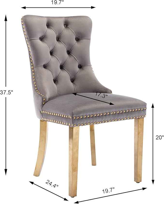 Gray Velvet Dining Chairs Set of 4, Upholstered Dining Room Chairs with Back Ring Pull Trim and Golden Stainless Steel Legs,Modern Kitchen Chairs for Dining Room,Living Room,Kitchen(Grey)