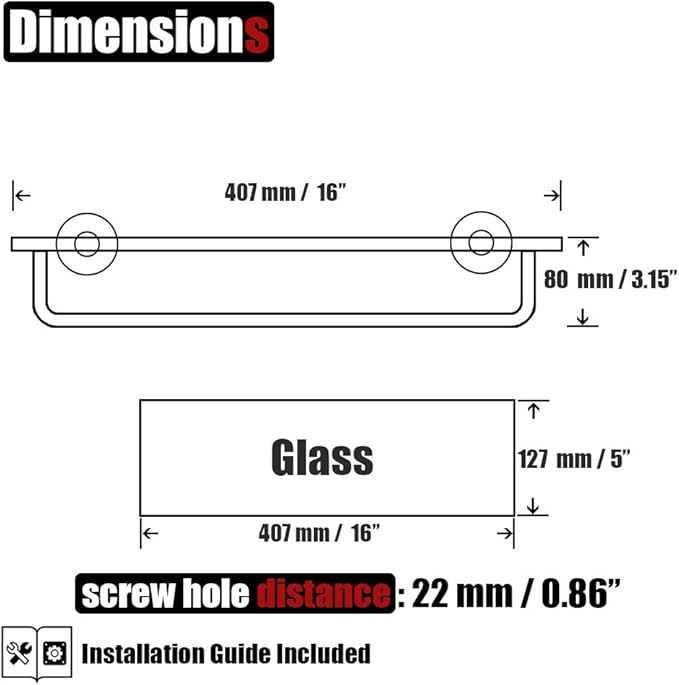 JQK Bathroom Glass Shelf, Shelf with 15 Inch Towel Bar Tempered Glass Shower Storage 16 by 5 inches, 304 Stainless Steel Matte Black Wall Mount, TGS100-PB