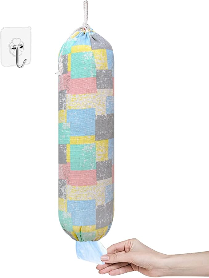 Plastic Bag Holder, Wall Mount Plastic Bag Organizer, Shopping Bags Carrier, Washable Large Grocery Bag Storage Dispenser for Home Kitchen Travelling, Free Adjustment with Drawstring (pink square)