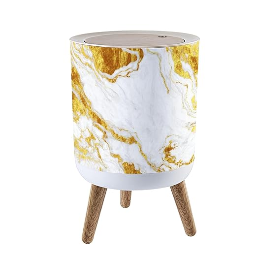 Trash Can with Lid Marble Golden Texture Wall Press Top Round Small Garbage Bin with Wooden Legs Waste Basket for Kitchen Bedroom Nursery 7L/1.8 Gallon
