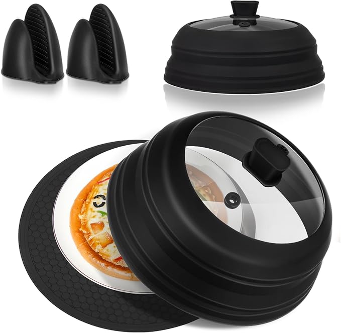 5 Pcs 10.8 Inch Microwave Splatter Cover Collapsible Microwave Cover for Food with Silicone Round Kitchen Mat and Silicone Grip Handle Set for Prevents Splatters & Ensures Even Heating