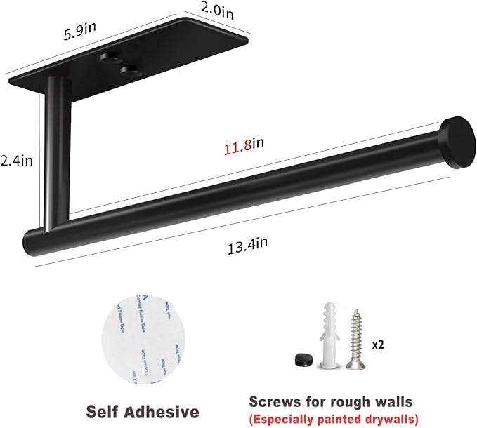 VAEHOLD Self Adhesive Paper Towel Holder Under Cabinet Mount, Wall Mount Paper Towel Roll Rack for Kitchen Cabinet, Bathroom, SUS304 Stainless Steel Black