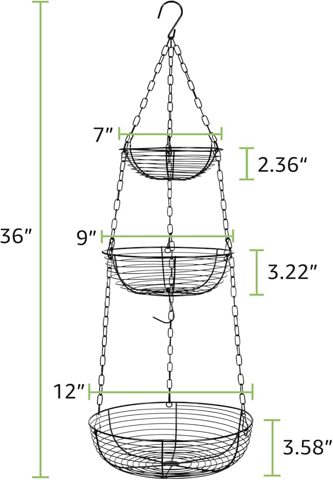 HULISEN 3 Tier Hanging Fruit Basket with Banana Hook, 36-Inch Heavy-Duty Wire Hanging Baskets for Kitchen Storage, Vegetable Produce Organizer (Including Installation Bracket)
