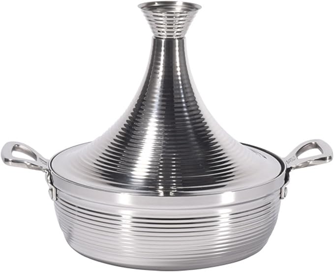 Moroccan Tagine Cooking Pot,Stainless Steel Non Stick Moroccan Casserole with 2 Handles,Large Moroccan Cooker Handmade Tagine Pot with Cone-Shaped Lid(23cm, Silver)