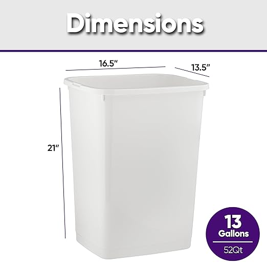 Superio Large Kitchen Trash Can 13 Gallon, 52 Qt Unlidded Waste Bin Only for Kitchen, Garage, Indoor and Outdoor Trash Can, White
