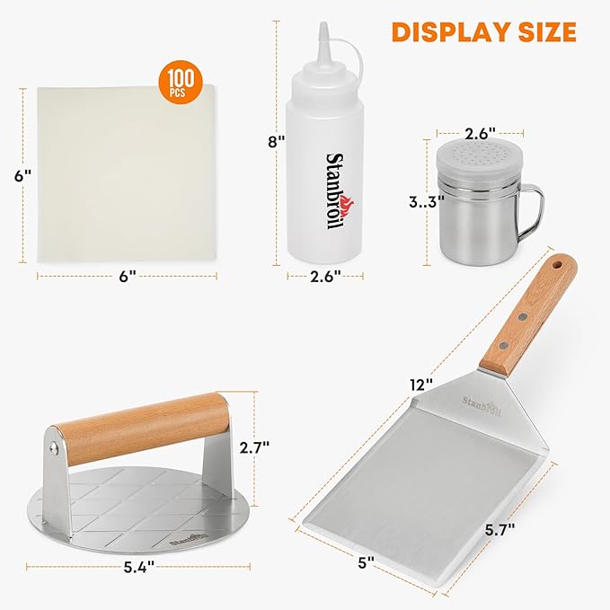 Stanbroil 5 Piece Smash Burger Press Kit for Flat Top Grill - Stainless Steel Grill Spatula and Burger Smasher, Spice Shaker, Squeeze Bottles and Patty Paper for BBQ Griddle Cooking