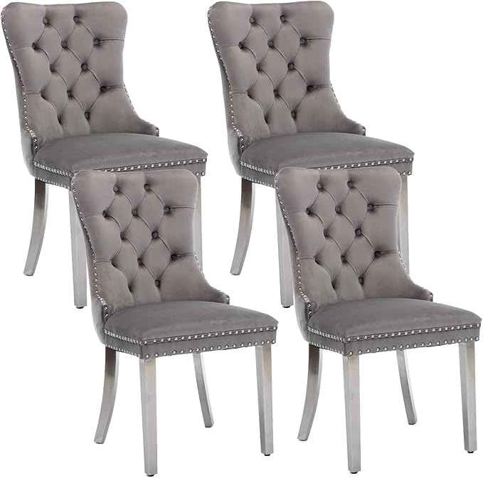 Dining Room Chairs Set of 4, Velvet Upholstered Dining Chairs with Back Ring Pull Trim and Sliver Stainless Steel Legs,Modern Dining Chair Perfect for Dining Room,Kitchen(Grey)