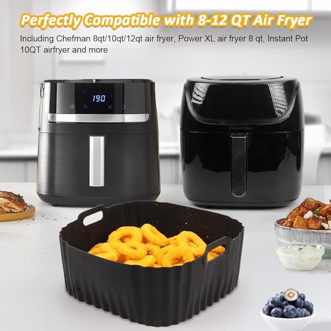 BYKITCHEN Large Air Fryer Silicone Liners Compatible with CHEFMAN 8QT/ 10 QT/ 12 QT & Other 8-12 Quart XL Airfryer, 2PCS 10 Inch Reusable Silicone Airfryer Oven Tray Insert, Air Fryer Accessories